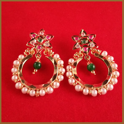 Gold Plated Semi Precious small Earrings with Green and White Pearls