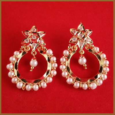 Gold Plated Semi Precious small Earrings with Green and White Pearls