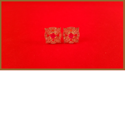 American Diamond Leaf Square Shaped Earrings with Red Stone