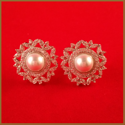 Silver Based American Diamond Star Shaped Earrings with Pearl